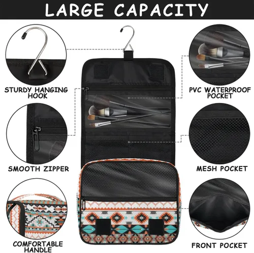 Vista 4 de Bolsa de aseo étnica azteca colgante, bolsa de cosméticos de viaje geométrica, bolsa organizadora de maquillaje, bolsa de lavado portátil con gancho