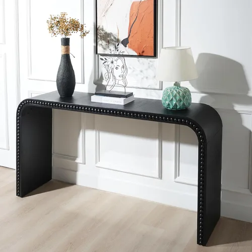 Vista 16 de Mesa consola de madera de 45 pulgadas para mesa de entrada, consola minimalista estrecha retro de granja con madera de mango maciza, mesas de sofá