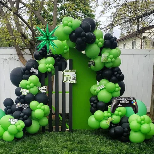 Vista 4 de Kit de guirnalda de arco de globos de videojuegos, 144 unidades, color verde, negro y plateado, estrella explosiva, globos de Mylar para niños