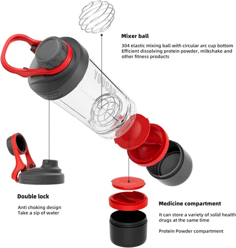Vista 2 de Botella agitadora de proteínas de 21 oz con contenedor de almacenamiento de polvo - Tazas agitadoras para batidos de proteínas - Botella de Rojo