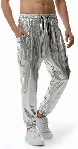 Vista 4 de GRAJTCIN Pantalones de discoteca metálicos para hombre, pantalones de lentejuelas de los años 7080, con cordón en la cintura, pantalones de fiesta