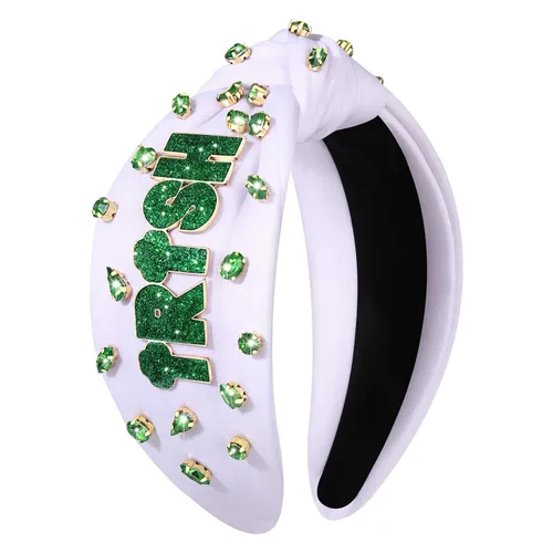 Vista 5 de boderier Diadema del día de San Patricio con sombrero de copa verde, diadema de trébol, accesorios de fiesta anudada de cristal con cuentas