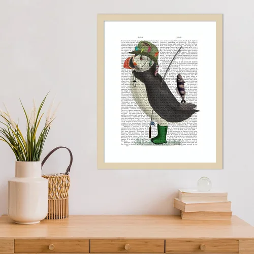 Vista 5 de Amanti Art Framed Wall Art Print 21x17 Puffin Fishing by Fab Funky, Animals Wall Art, Whimsical Decor, Small Poster Painting Artwork for Living