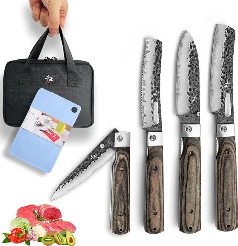 Vista 10 de Cuchillo de chef plegable afilado de acero inoxidable forjado 440A, cuchillo de fruta, mango de madera colorida, barbacoa de camping, cuchillo