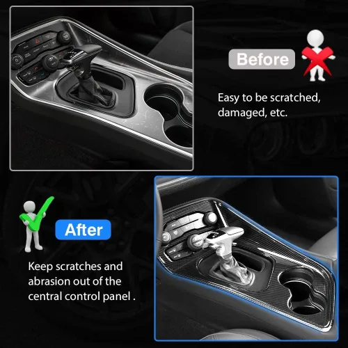 Vista 3 de Karltys Cubierta de panel de palanca de cambios para Dodge Challenger 2015-2024 2025+ + consola central de fibra de carbono, panel de palanca