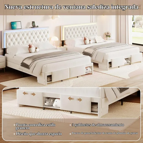 Vista 3 de Base de cama Queen con cabecera capitoné con botones, base de cama tapizada tamaño Queen con luces LED, estación de carga, almacenamiento