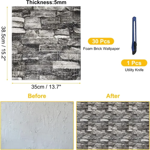 Vista 2 de uxcell Paneles de pared 3D para despegar y pegar, 30 piezas de papel tapiz de ladrillo de espuma para dormitorio, panel de pared de piedra