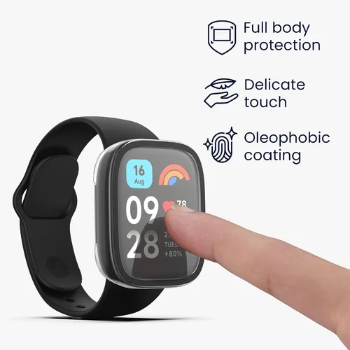 Vista 3 de kwmobile Funda compatible con Xiaomi Redmi Watch 3 Active/Redmi Watch 3 Lite Covers - Vidrio templado 2X con marco de plástico - Transparente