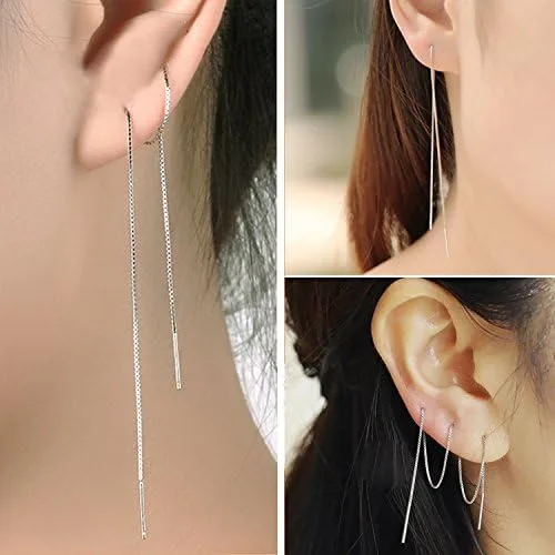 Vista 3 de A Pair 925 Sterling Silver Tassel Threader Drop Earrings Long Chain Ear Line