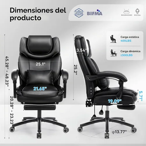 Vista 2 de Silla de oficina de calor de masaje grande y alta para personas ejecutivas de juegos Cuero Negro-2