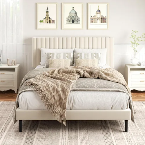Vista 10 de HAOARA Base de cama de plataforma tamaño Queen con cabecera tapizada de terciopelo, marco de cama Queen con listones de madera fuertes, somier Beige