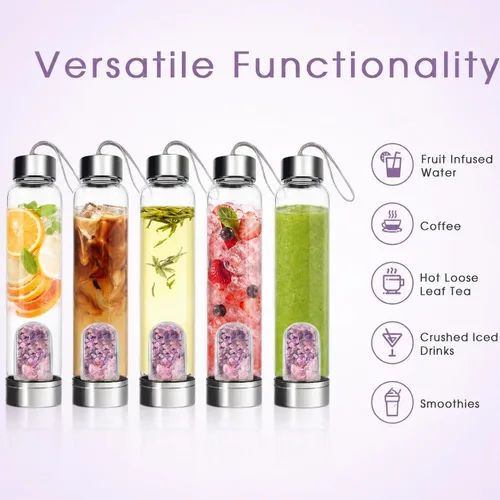 Vista 4 de ChezMax Botella de agua en cristal con centro de cristal natural intercambiable 18.6Oz, Natural Quartz Gemstone, Juice Container with Lid Sleeve