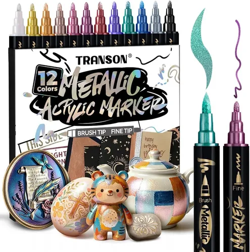 Vista 8 de TRANSON Juego de rotuladores de pintura acrílica de doble punta fina y brocha de 12 colores para lienzo, roca, madera, cuero, cerámica, pintura DIY