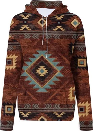 Vista 4 de DOLKFU Sudadera con capucha geométrica azteca occidental para mujer, suéter de manga larga, estilo vintage, casual