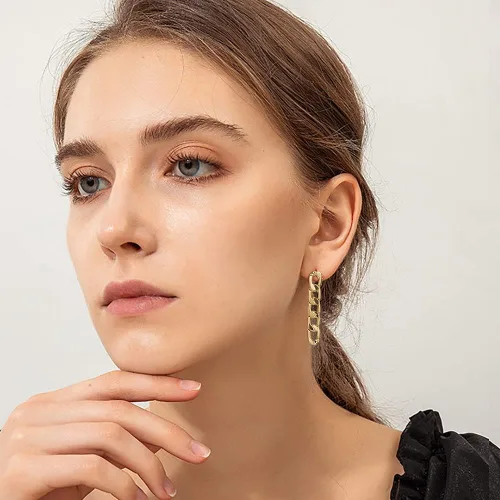 Vista 4 de LEEKOO Aretes de cadena de eslabones finos chapados en oro de 14 quilates, aretes de gota ovalados para mujeres y niñas