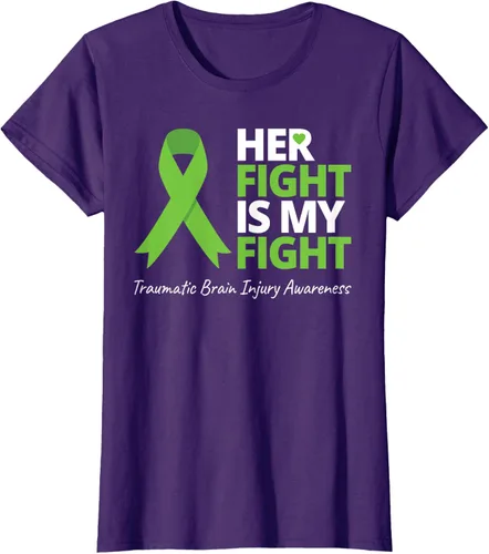 Vista 9 de Camiseta con cinta verde de la conciencia de la TBI, con texto en inglés "Her Fight Is My Fight" Jaspeado Oscuro