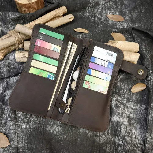 Vista 5 de Billetera larga de cuero genuino para hombre, cartera plegable grabada