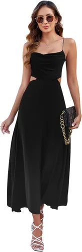 Vista 5 de Umenlele Vestido midi de satén para mujer, sin mangas, con tirantes delgados, sexy, fruncido, para cóctel, fiesta
