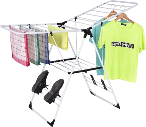 Vista 12 de GOFLAME Estante de secado de ropa, con 2 alas plegables, 14 varillas de secado, aireador de lavandería plegable independiente para ropa, toallas