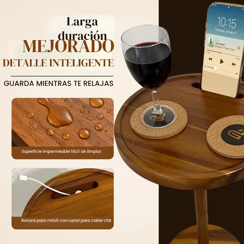 Vista 5 de Mesa de bebidas para espacios pequeños, mesa auxiliar de pedestal de 24 pulgadas de alto con base estable, soporte para teléfono y 2 posavasos, mesa