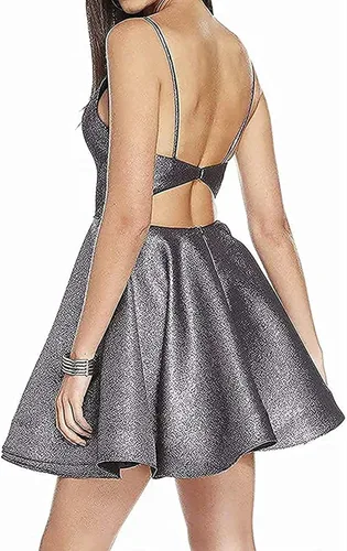Vista 2 de BEIRTY Vestido corto de regreso a casa para junior, vestido de cóctel de satén con tirantes delgados, fiesta de noche