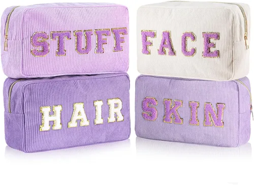Vista 13 de Pinkunn 4 Piezas Bolsas de Maquillaje Preppy Bolsas de Chenilla con Letras de Viaje Organizador Facial Piel Cabello Higiene Cosmética Bolsa de Aseo