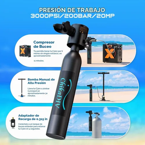 Vista 3 de Mini tanque de buceo con bomba, tanque de buceo portátil, tanque de pulmón de 0.5 l para buceo, equipo de buceo reutilizable con bomba de e verde