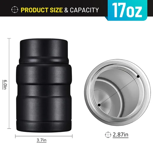 Vista 7 de Charcy Termo de 17oz para alimentos calientes, contenedor de comida aislado para almuerzo con cuchara plegable QB - Negro