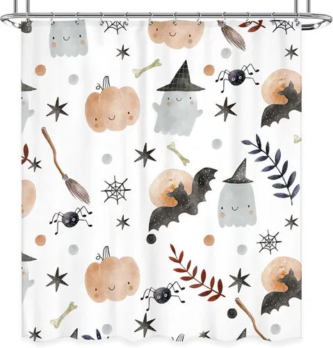 Vista 9 de Cortina de ducha de Halloween para niños, 60 pulgadas de ancho x 72 pulgadas de largo, bonita cortina de ducha con diseño de fantasma, calabaza