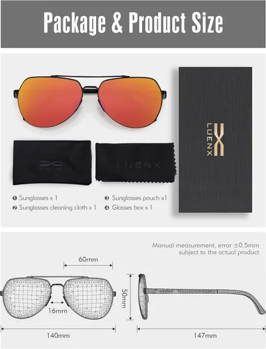 Vista 6 de LUENX Lentes de sol de aviador para hombres y mujeres, polarizados, marco de metal grande, protección UV 400