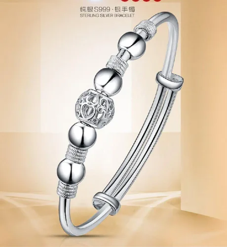 Vista 2 de Pulsera de cuentas de plata de ley simple para mujer, diseño abierto, Metal