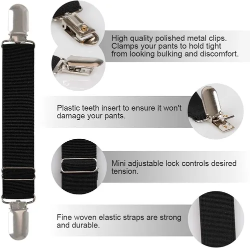 Vista 2 de Boncas Clips elásticos ajustables mejorados para botas, clips para pantalones, estribos, correas para piernas que mantienen tus pantalones metidos