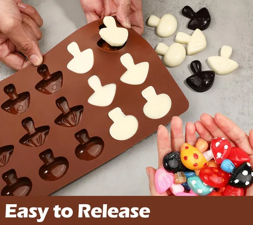 Vista 5 de Webake Molde de chocolate de hongos, moldes de silicona de 15 cavidades con tres bonitas formas de hongo, perfecto para chocolate, dulces, fondant