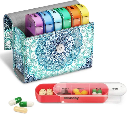 Vista 9 de FINPAC Organizadores semanales de píldoras 4 veces al día, estuche abierto de piel sintética, pastillero de viaje, recordatorio de medicina Hibisco