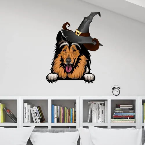 Vista 4 de Calcomanías de Halloween Witch Collie, calcomanías de bienvenida de Halloween, arte de pared de perro Collie, póster extraíble de vinilo