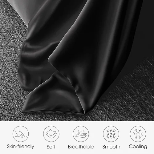 Vista 4 de Fundas de almohada de seda 100% 2 unidades, tamaño estándar, seda de morera para cabello y piel, juego de 2, seda de grado superior 6A, suave Negro