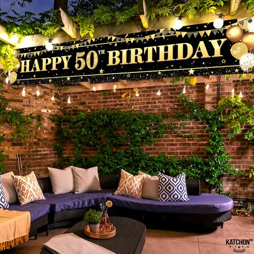 Vista 3 de KatchOn, Cartel de feliz cumpleaños 50 extra grande – 120 x 20 pulgadas Decoraciones de cumpleaños 50 para mujeres y hombres Cartel de feliz
