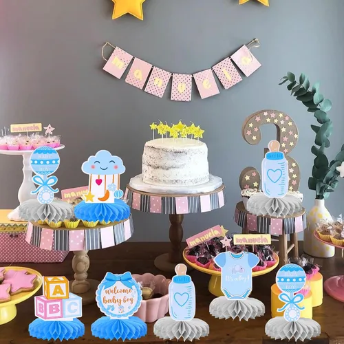 Vista 3 de 6 piezas de decoración de baby shower, centros de mesa de panal de abeja, chupete de bienvenida para bebé, niño, centro de mesa con diseño de panal