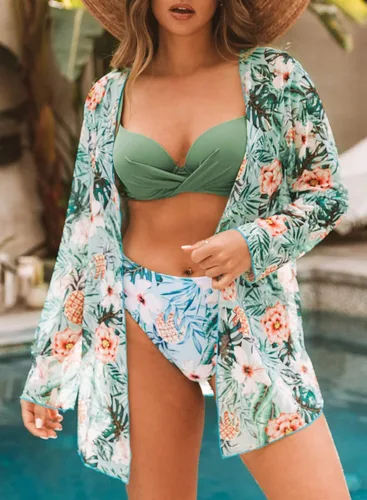 Vista 5 de Herseas Traje de baño de 3 piezas para mujer con estampado tropical push up bikini conjunto con kimono