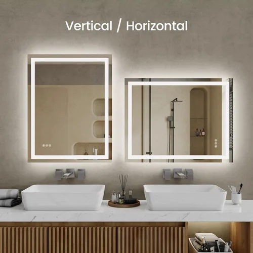 Vista 4 de Espejo LED para baño de 20 x 28 pulgadas, espejo de tocador de baño con luces, espejo iluminado antivaho montado en la pared, espejo iluminado