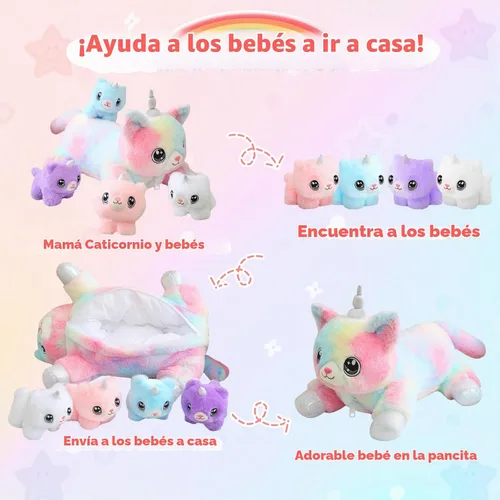 Vista 4 de SQEQE Gato Unicornio de Peluche Mamá Gato Unicornio con 4 Lindos Gatitos Bebé - Regalos de Cumpleaños de Peluche para Niños y Niñas Caticornio
