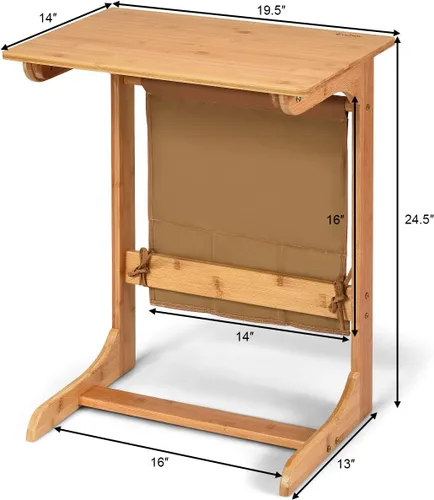Vista 3 de COSTWAY Mesa auxiliar 100% de bambú, mesa auxiliar con bandeja de TV en forma de L, mesa auxiliar de aperitivos para computadora portátil con bolsa
