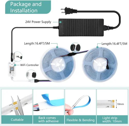 Vista 6 de Tira de Luz LED RGB COB 32.FT/10M (2 Rollos de 16.4FT/5M), Tira LED COB Ancho 10mm/5760 LEDs, Tira de Luz LED Cambiante de Color 24V con Control