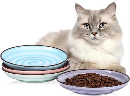 Vista 14 de Selamica Cuencos de cerámica para gatos, 6 pulgadas de ancho poco profundos para aliviar la fatiga de los bigotes, juego de 4, colores surtidos