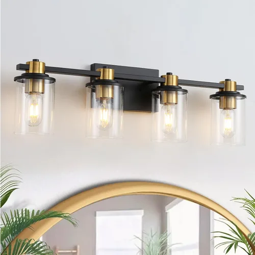 Vista 11 de LOUSACE Lámpara de baño negra y dorada, 3 luces de tocador de baño, moderna luz de baño sobre espejo con pantallas de vidrio transparente, enchufe