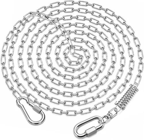 Vista 10 de Cadena de amarre para perro de 15 pies para exterior, correa de cadena de acero inoxidable resistente con resorte que absorbe los golpes para perros