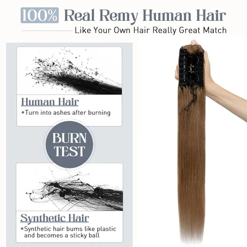 Vista 55 de Rich Choices Extensión de cola de caballo con clip de garra, cabello humano real, una pieza, extensiones de cabello largo Remy para mujer, #18P613