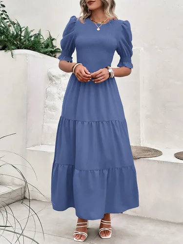 Vista 102 de BTFBM Vestidos para mujer, cuello redondo, casual, de verano, con volantes, manga corta, bohemio, con niveles, fruncido, largo, con estampado floral