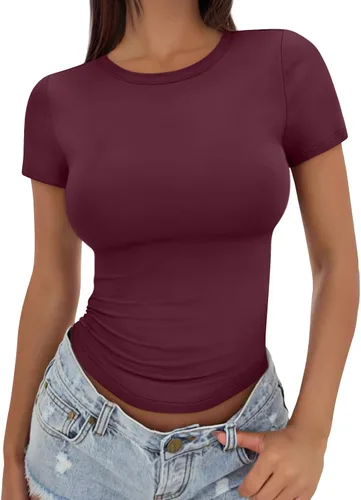Vista 32 de Trendy Queen - Camisetas básicas para mujer, camisetas de verano, manga corta, ajustadas, linda ropa de entrenamiento para gimnasio Blanco