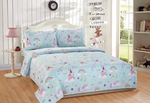 Vista 2 de Mk Home - Juego de edredón de tamaño individual para niñas, unicornio, azul, rosa, morado, amarillo, blanco